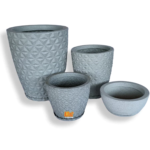 Kit 4 Vasos Decorativos Modernos Coluna Diamante 3D Polietileno Para Plantas N1, N2 e N3 Com Bacia P + Pratos Coletores