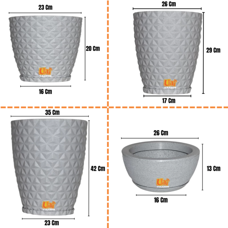 Kit 4 Vasos Decorativos Modernos Coluna Diamante 3D Polietileno Para Plantas N1, N2 e N3 Com Bacia P + Pratos Coletores