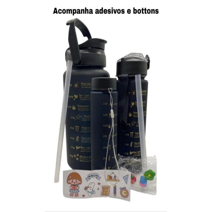 Kit 3 Garrafas de Água Squeeze Motivacional Com Adesivos 300ML+900ML+2000ML com adesivos